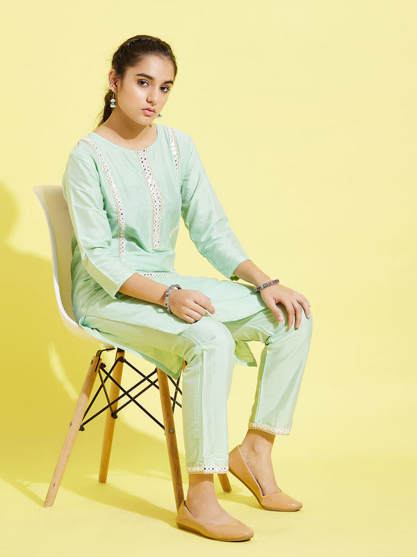 Jashvi Girls' Mint Green Viscose Kurta And Straight Pant Set