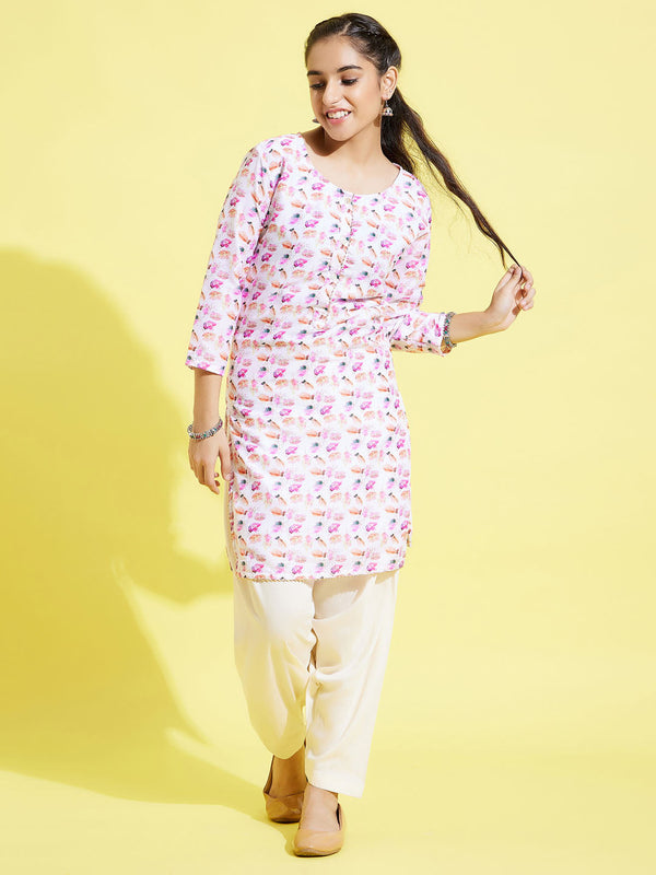 Jashvi Girls' White Floral Printed Linen Kurta And Cream Patiala Set