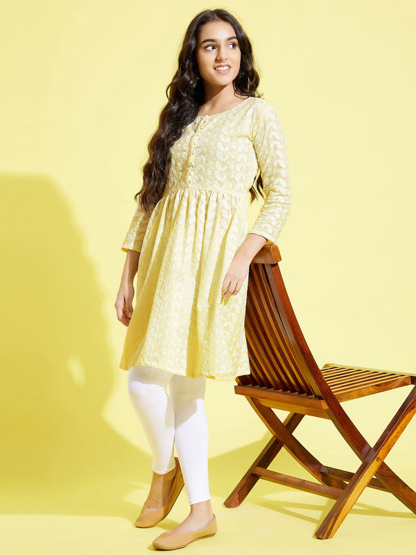 Jashvi Girls' Yellow Pure Cotton Chikankari kurta With Leggings Set