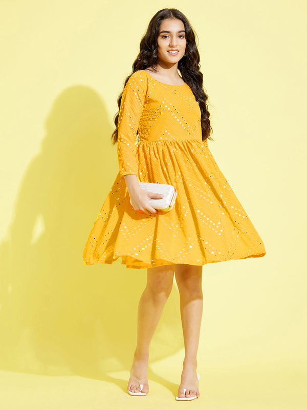 YUVA BY Jashvi Girl's Yellow  Mirror Kurta