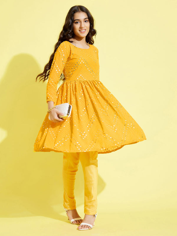 YUVA BY Jashvi Girl's Yellow Mirror Kurta Pyjama Set