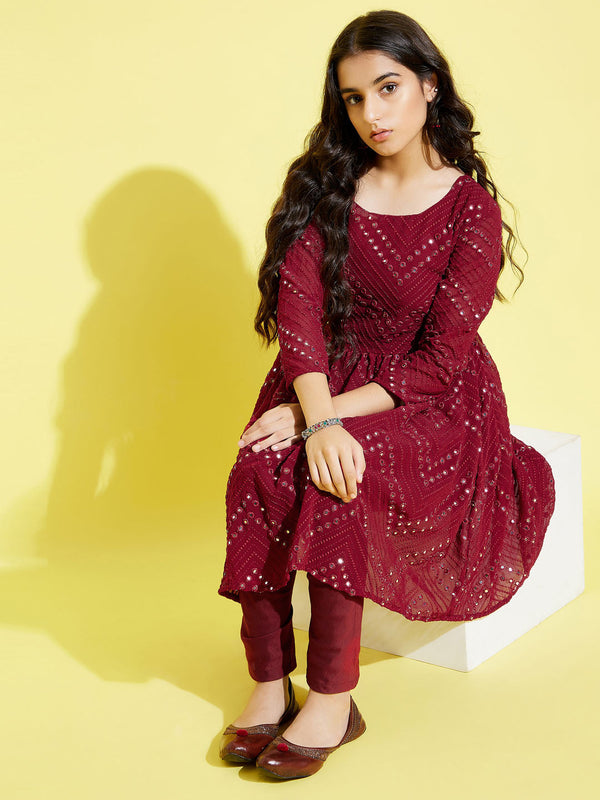 YUVA BY Jashvi Girl's Maroon  Mirror Kurta Pyjama Set