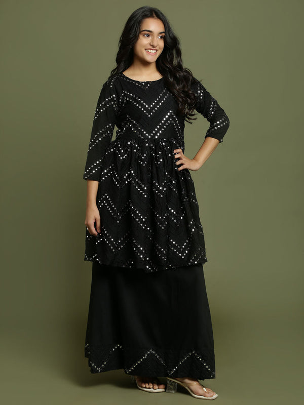 Yuva By Jashvi Girl's Black Mirror Work Flared Kurta And Long Skirt Set