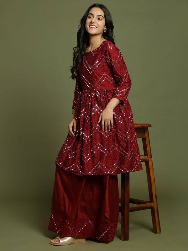 Yuva By Jashvi Girl's Maroon Mirror Work Flared Kurta And Long Skirt Set