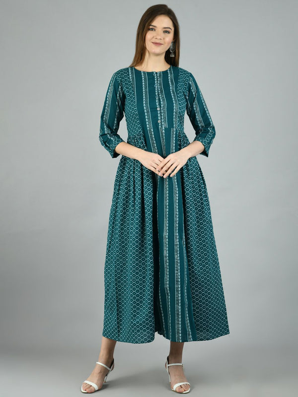 Women's Green Cotton Printed 3/4 Sleeve Round Neck Casual Dress - Myshka