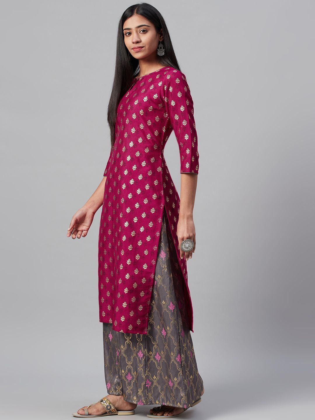 Women's Pink Poly Silk Foil Printed Straight Kurta With Palazzo Set - Ziyaa