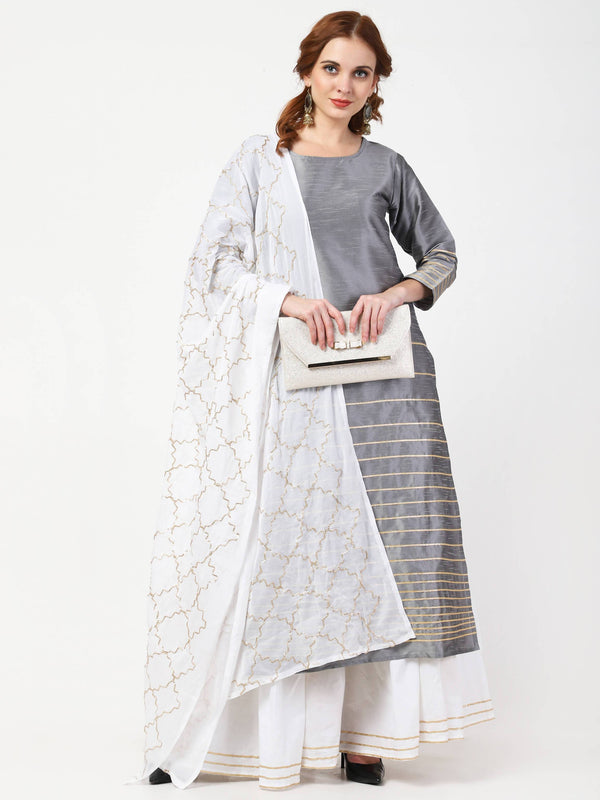 Women's Grey & White Kurta With Skirt & Embroidered Dupatta Set - Cheera