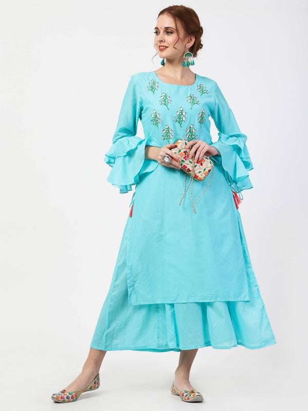 Women's Cotton Turquoise Double Layer Flair Anarkali Kurta Only - Cheera