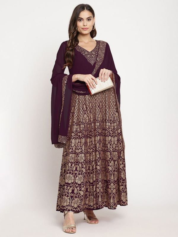 Wine Georgette Gold Foil Print Flared Kurta with Dupatta