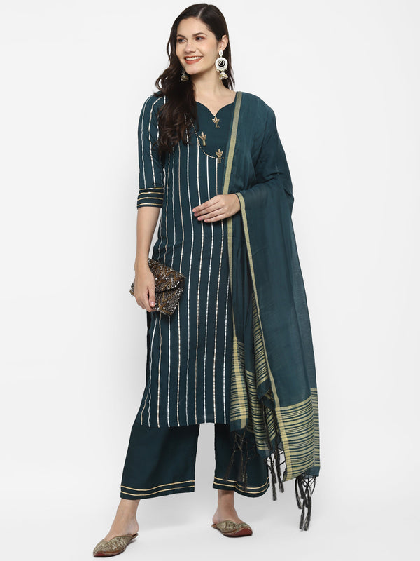 Women's Green Color Chanderi Silk Embroidered Straight Kurta Palazzo With Dupatta - VAABA