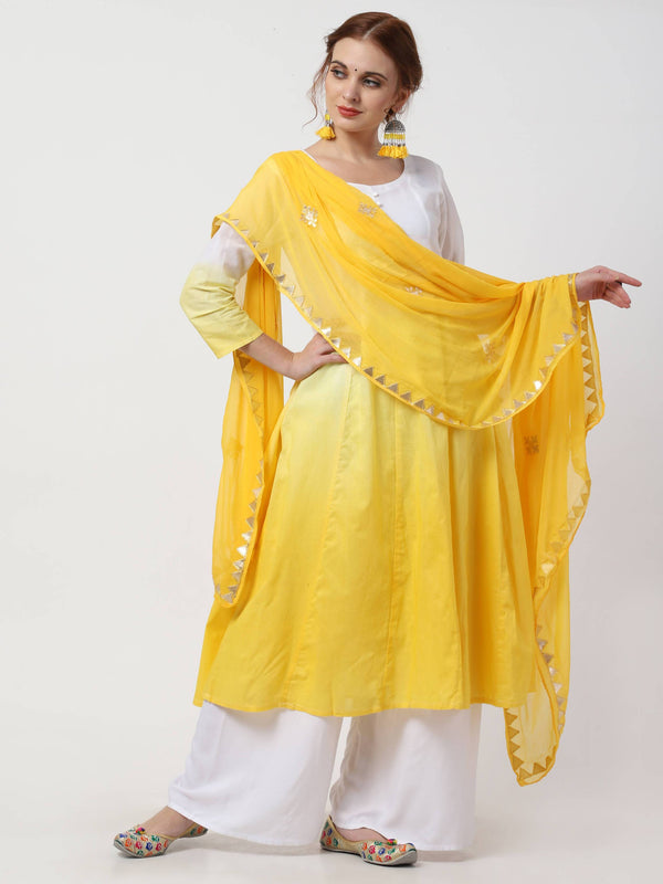 Women's Yellow & White Cotton Double Dyed Ombre Kurta, Palazzo & Dupatta Set - Cheera