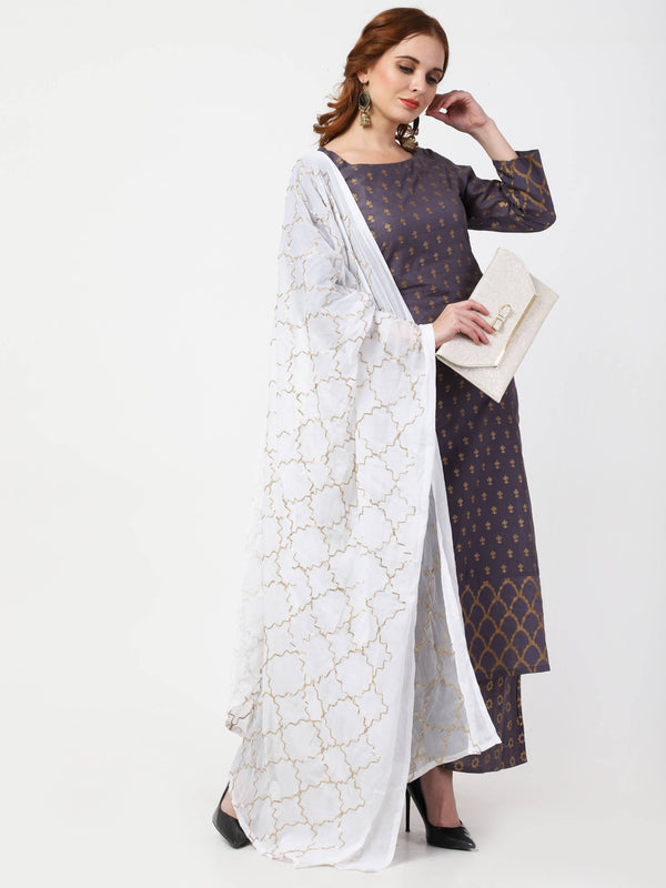 Women's Grey 100% Cotton Kurta Palazzo & Dupatta Set - Cheera