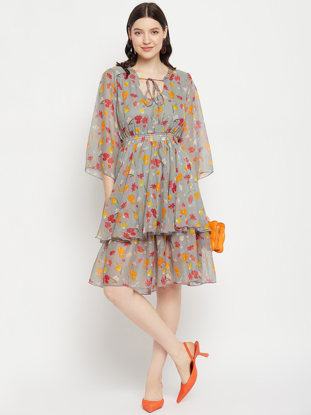 Women's Printed Floral Tiered Dress -  BitterLime