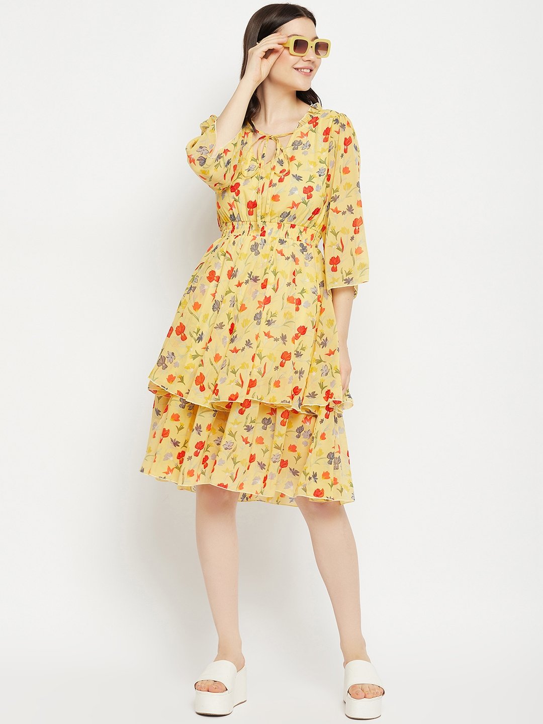 Women's Printed Floral Tiered Dress -  BitterLime