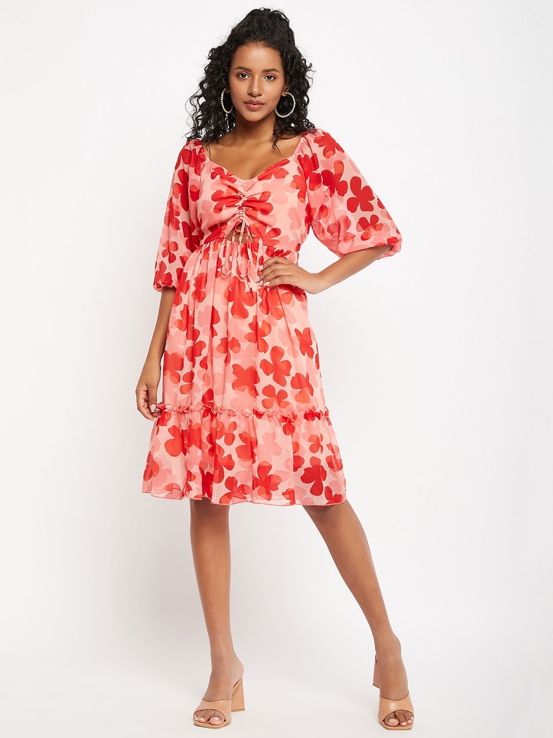 Women's Printed Ruched String - Tie Dress -  BitterLime