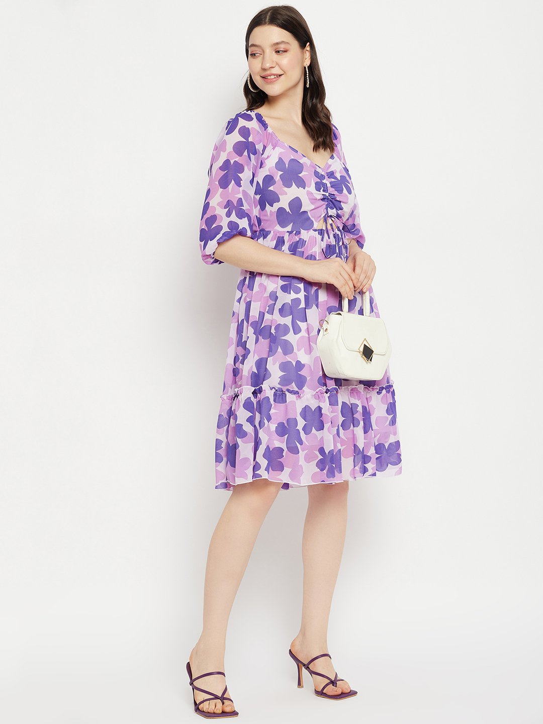 Women's Printed Ruched String - Tie Dress -  BitterLime