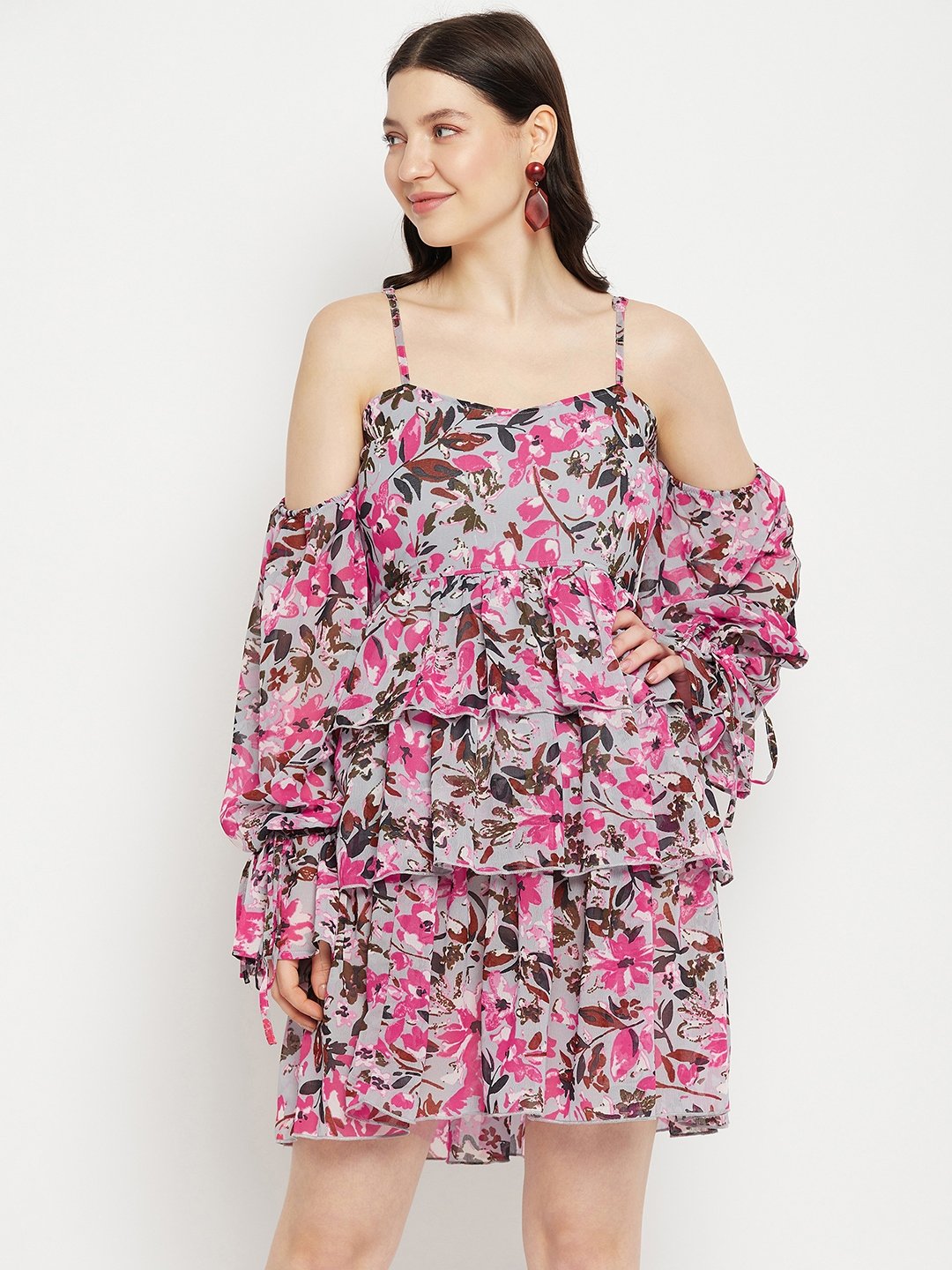 Women's Grey & Pink Floral Off-Shoulder Layered Dress -  BitterLime