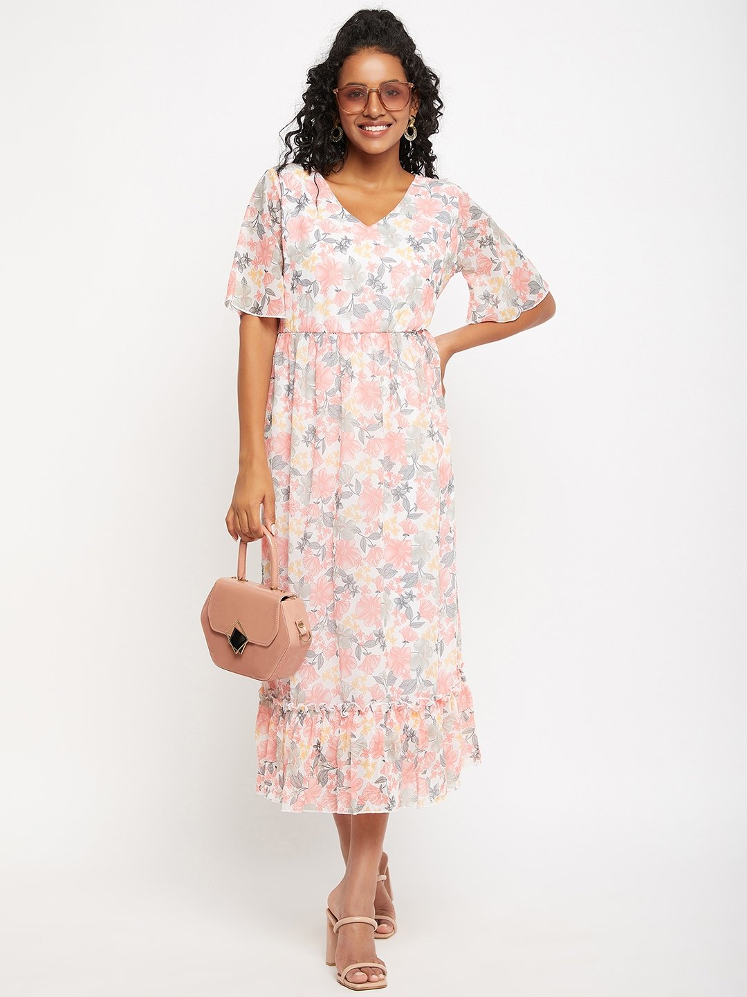 Women's White & Pink Floral Printed Dress -  BitterLime