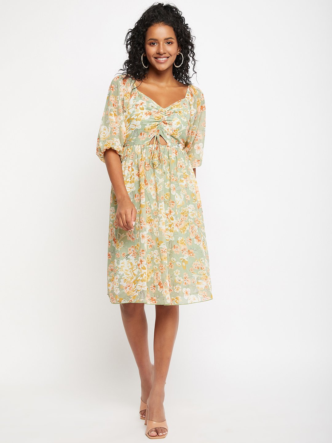 Women's Printed Ruched String - Tie Dress -  BitterLime