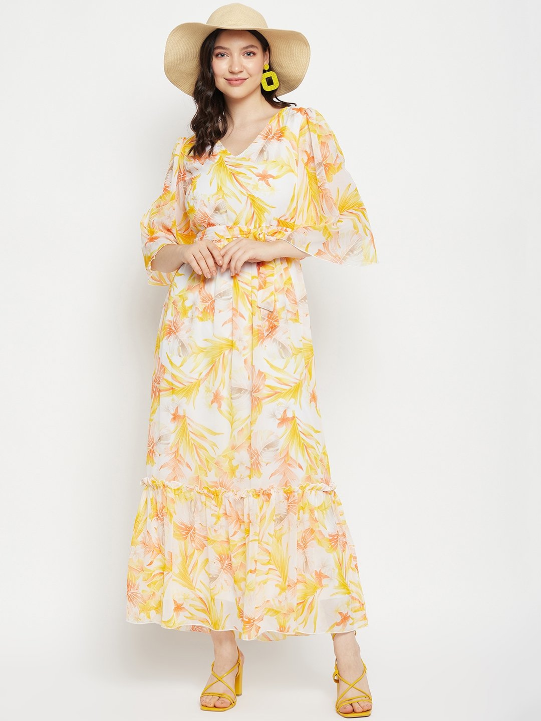 Women's White & Mustard Tropical Printed Maxi Dress -  BitterLime