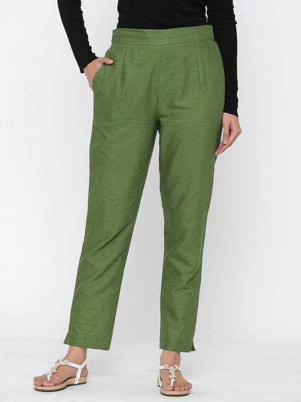 Women's Olive Cotton Solid Cigarette Pants - Juniper