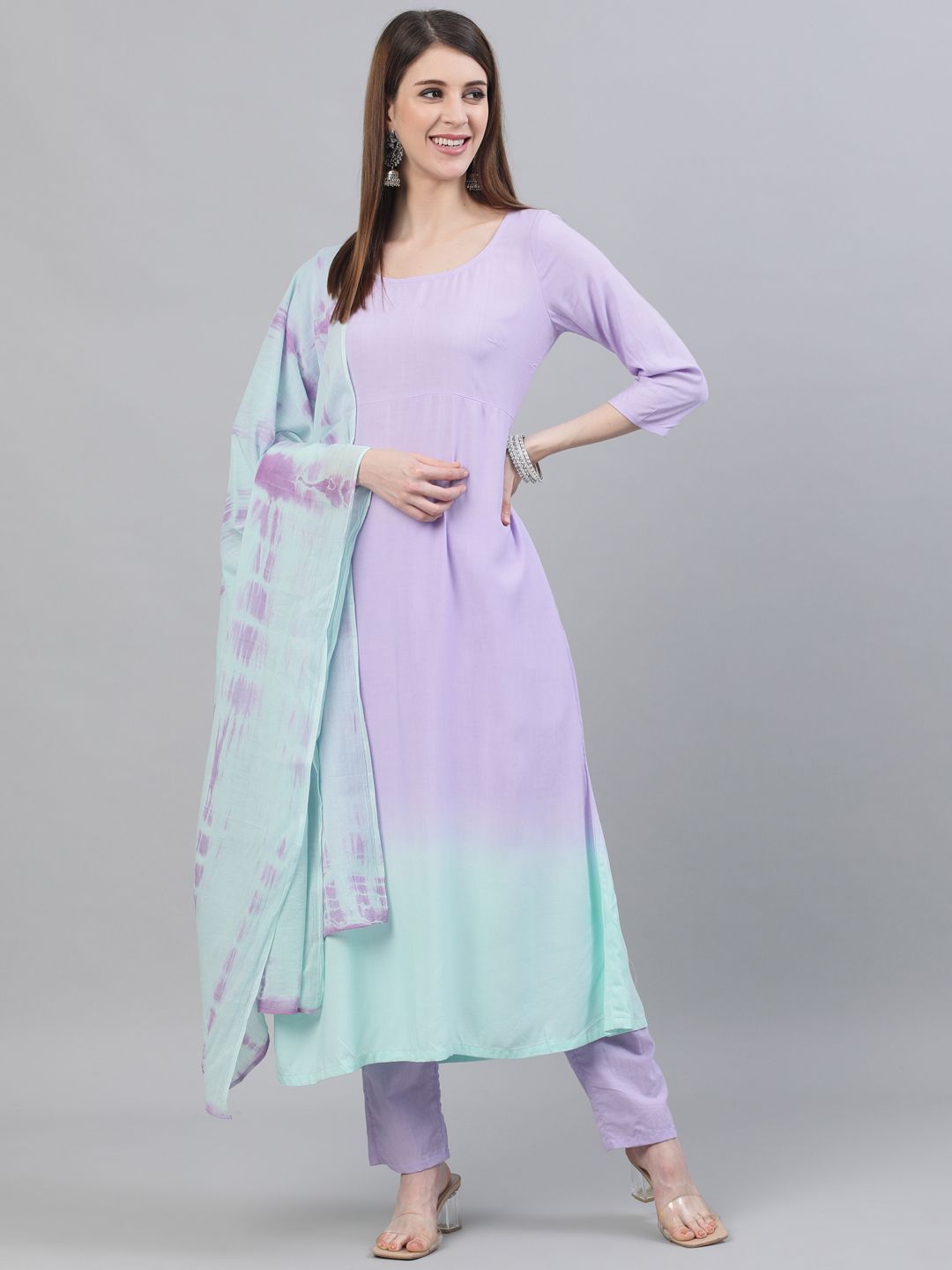 Women's Lavender & Turquoise Blue Ombre Printed A-Line Kurta With Pant & Dupatta Set - AKS