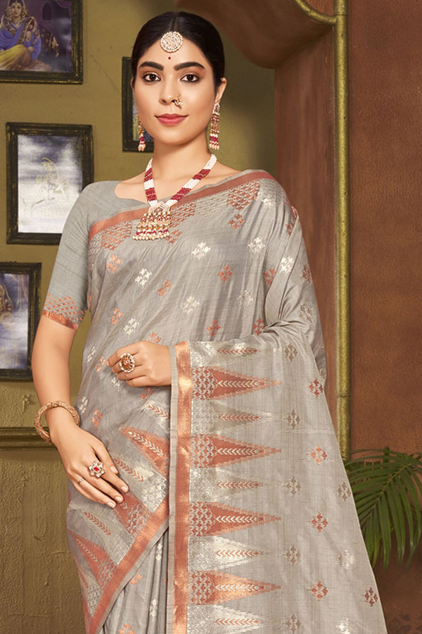 Women's Grey Silk Woven Zari Work Traditional Tassle Saree - Sangam Prints