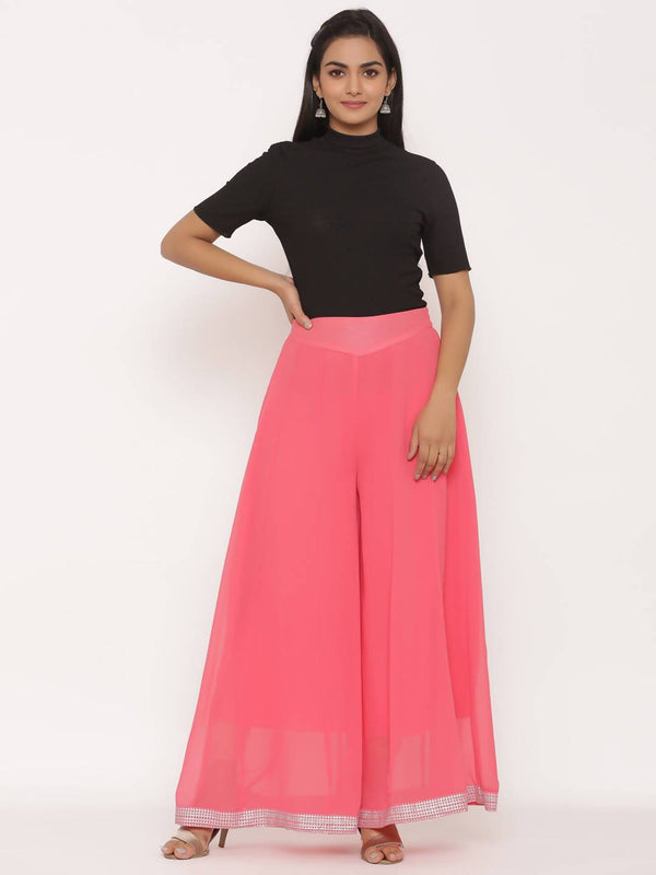 Buy_Women's_Coral_Georgette_Solid_Flared_Palazzo_Online_Indiakreations