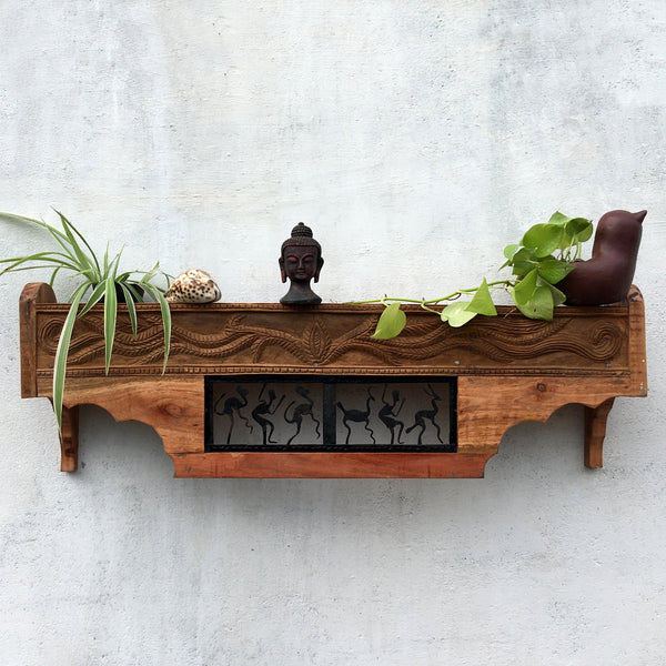 Tribal Wooden And Wrought Iron Long Wall Rack