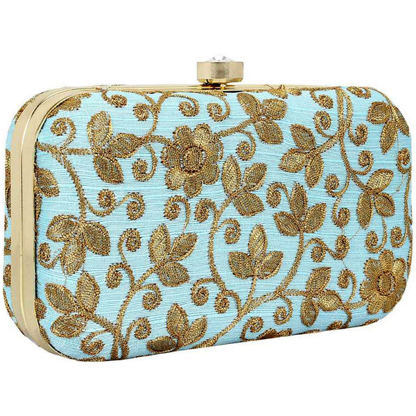 Women's Blue Color tulle Embroidered Faux Silk Clutch - VASTANS