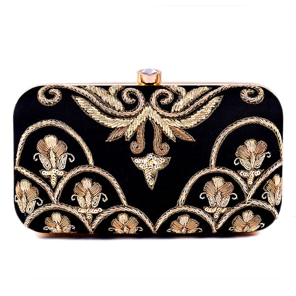 Women's Black Color Adorn Embroidered & Embelished Party Clutch - VASTANS