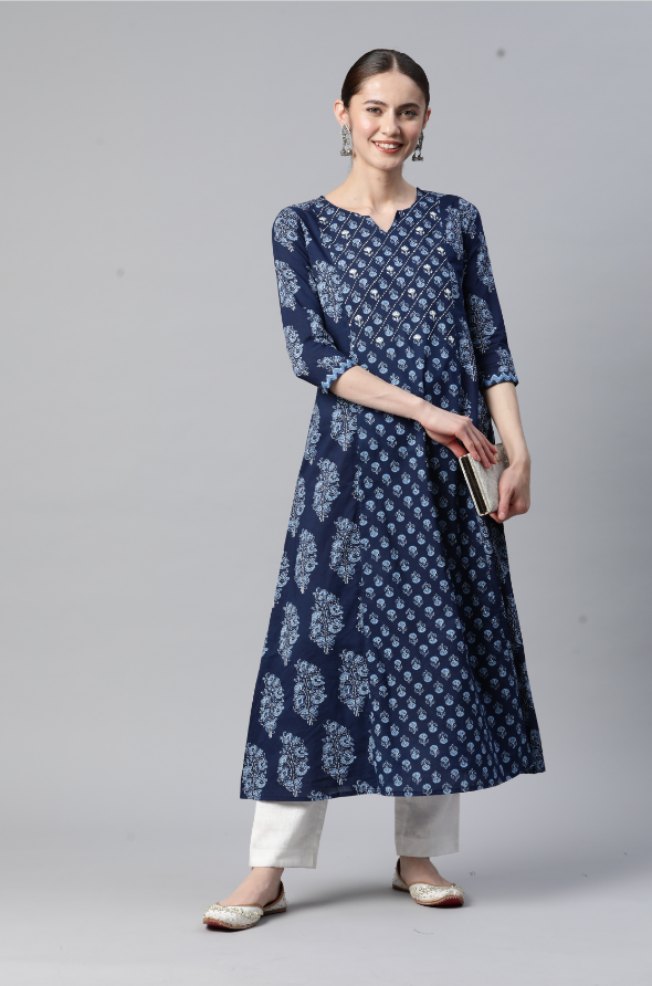 Women's Print & Hand Work A-Line Cotton Blue Stitched Kurta - Vbuyz