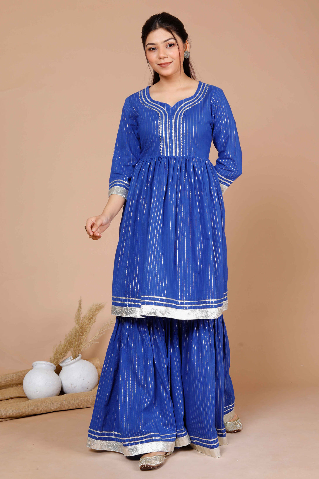 Women's Blue Printed Pure Cotton A-Line Kurti With Sharara - Miravan