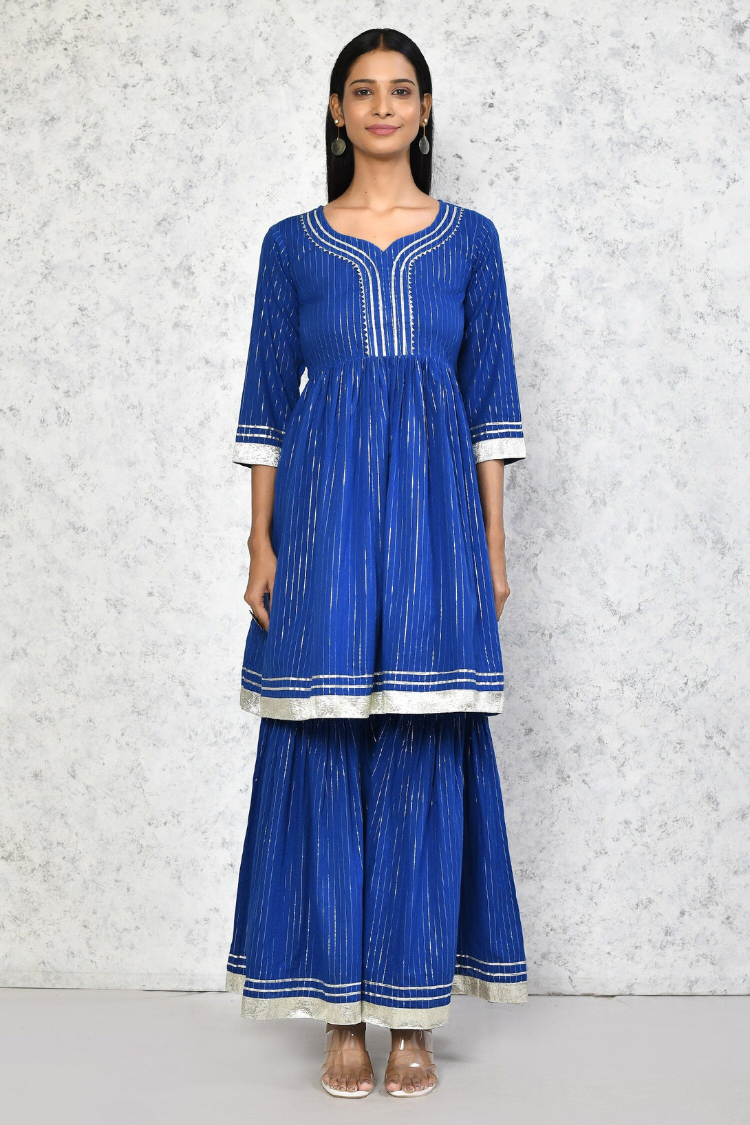 Women's Blue Printed Pure Cotton A-Line Kurti With Sharara - Miravan