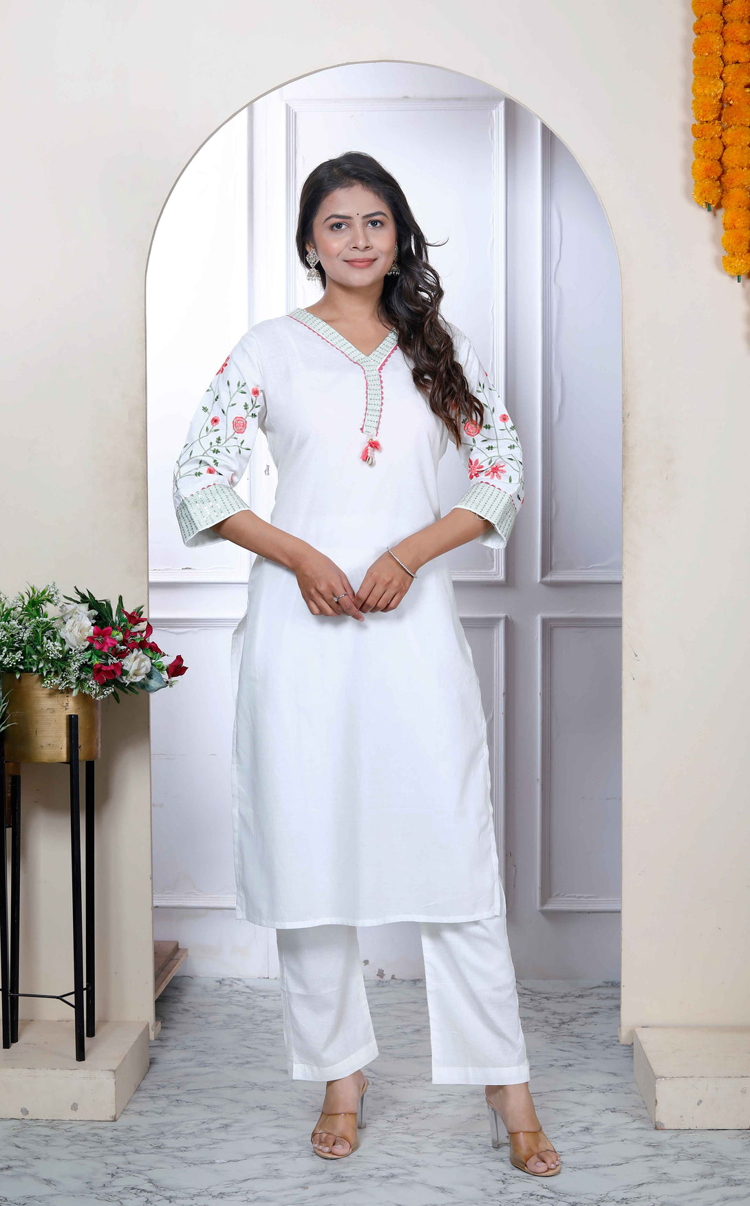 Women's Embroidery And Lace Work White Pakistani Kurta With Palazzo Set - Miravan