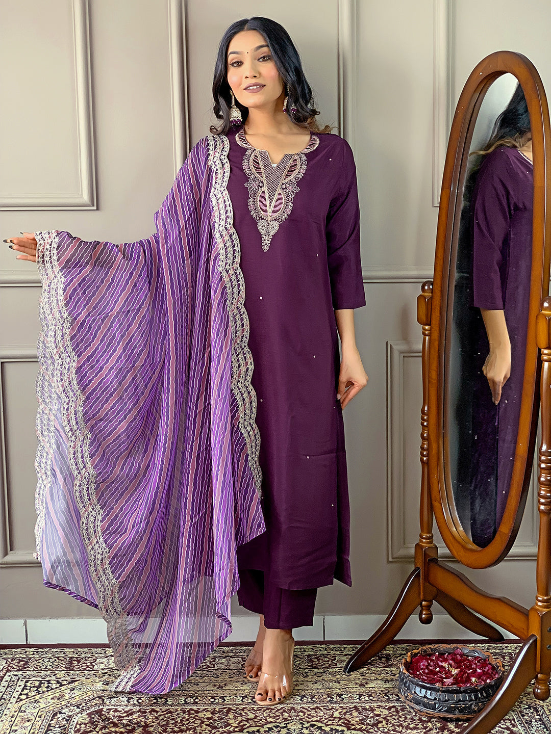 Women's Purple Viscose Silk Embroidery Worked Kurta With Pant And Duppata Set - Dwija Fashion