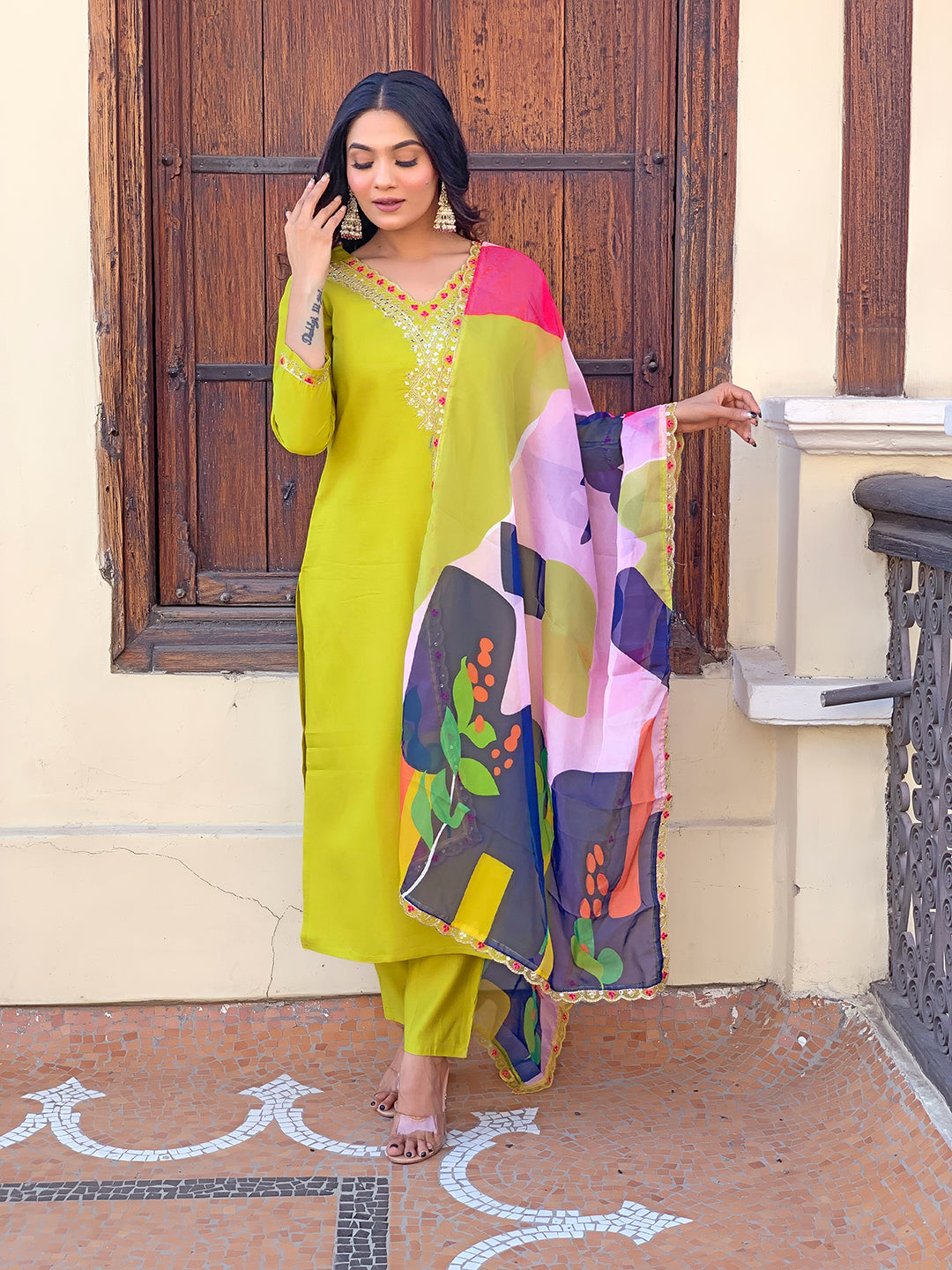 Women's Lemon Green Viscose Embroidery Worked Kurta With Pant And Duppata Set - Dwija Fashion