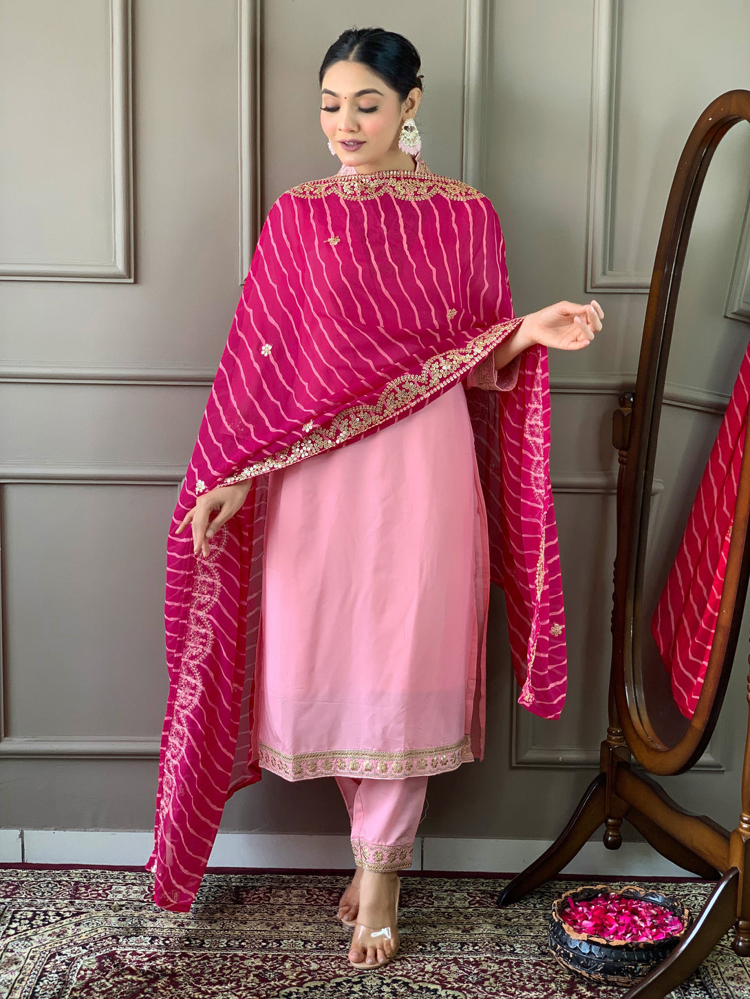 Women's Pink Viscose Silk Blend Embroidery Worked Kurta With Pant And Duppata Set - Dwija Fashion