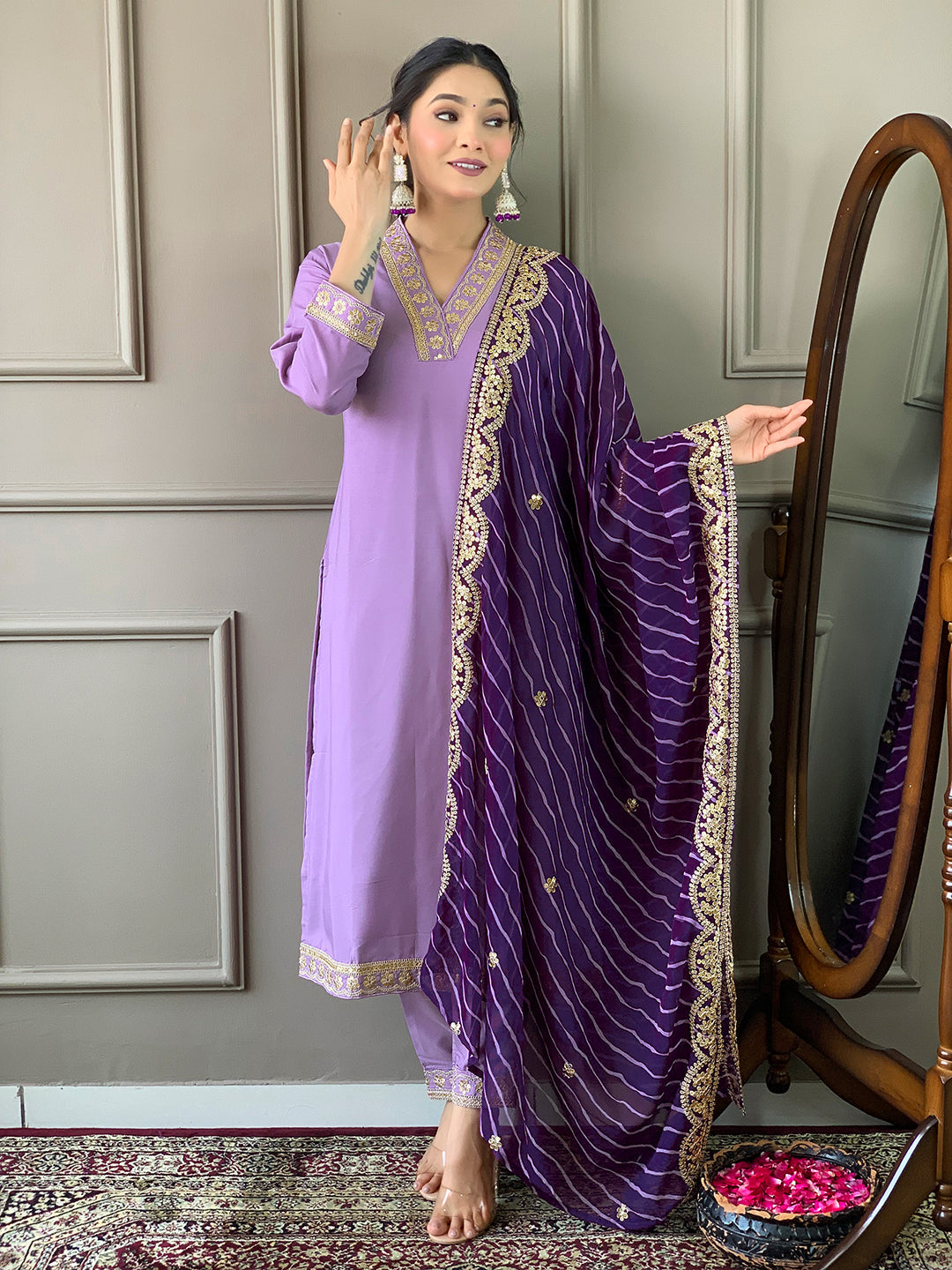 Women's Purple Viscose Silk Blend Embroidery Worked Kurta With Pant And Duppata Set - Dwija Fashion