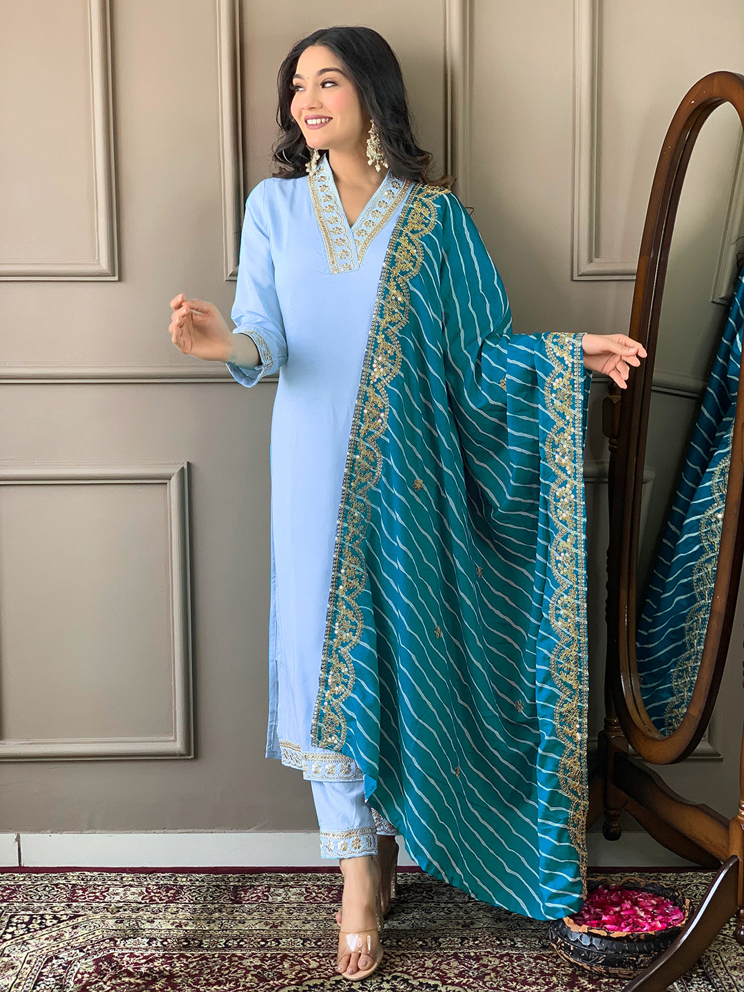 Women's Sky Blue Viscose Silk Blend Embroidery Worked Kurta With Pant And Duppata Set - Dwija Fashion