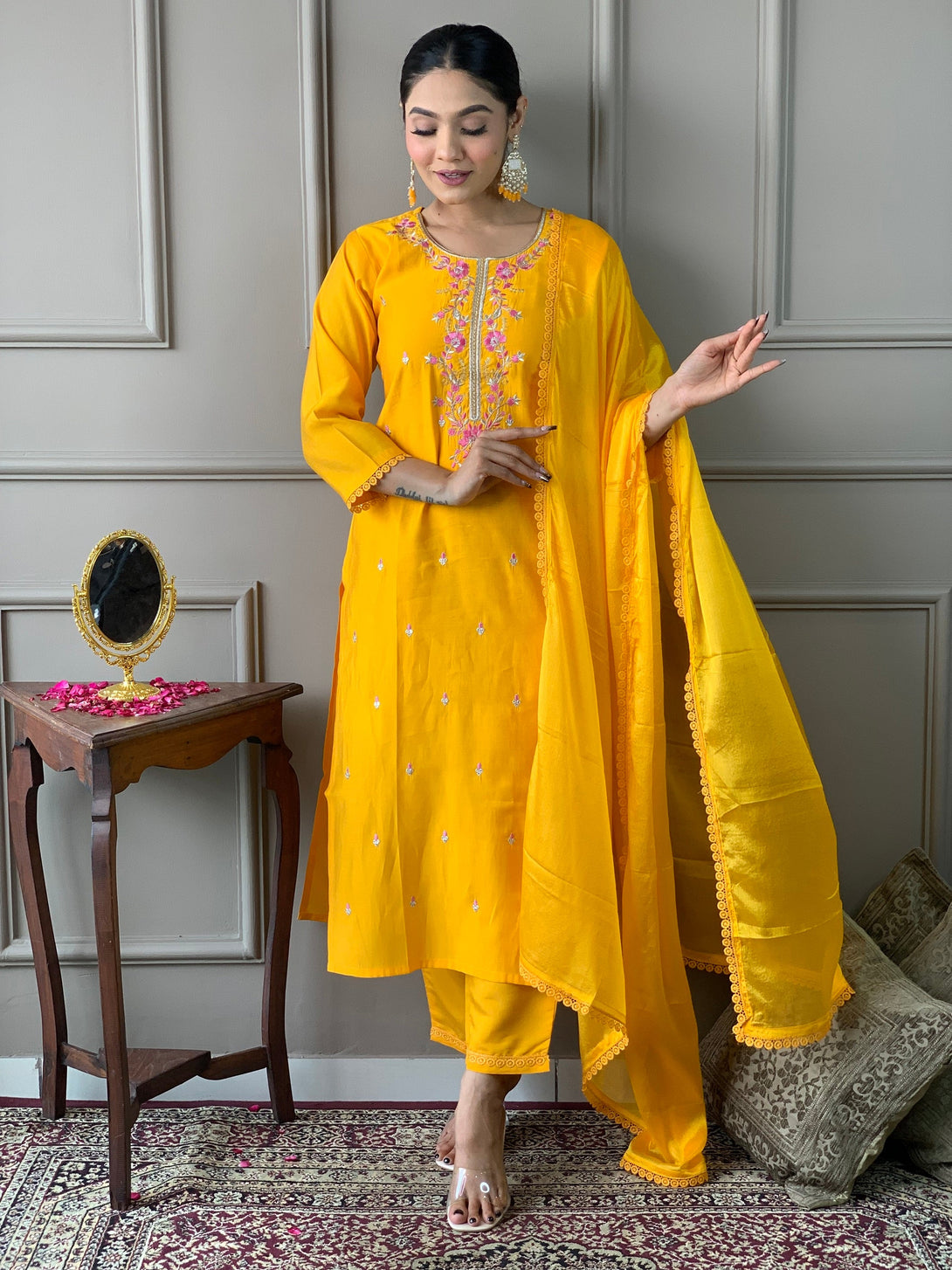 Women's Mustard Viscose Chanderi Embroidery Worked Kurta With Pant And Duppata Set - Dwija Fashion