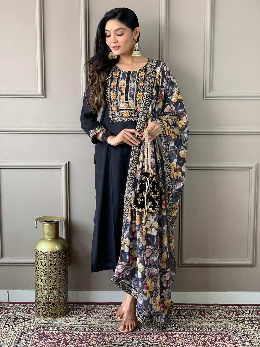 Women's Black Viscose Chanderi Embroidery Worked Kurta With Pant And Duppata Set - Dwija Fashion