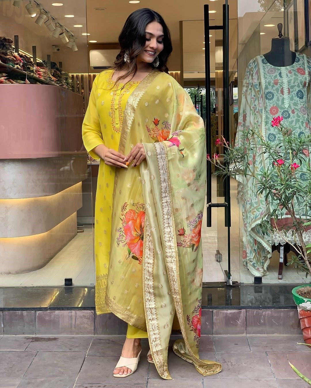 Women's Yellow Viscose Organza Jacquard Heavy Embroidery Work Kurta With Pant And Duppata Set - Dwija Fashion