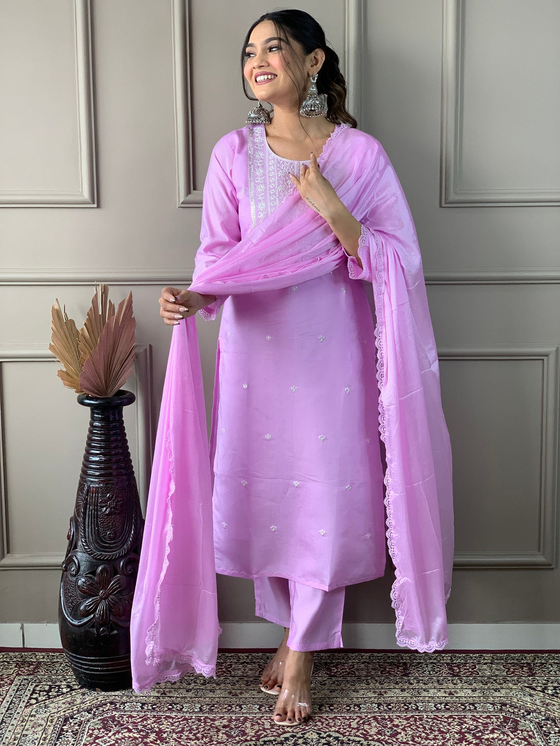 Women's Light Purple Viscose Chanderi Embroidery Worked Kurta With Pant And Duppata Set - Dwija Fashion