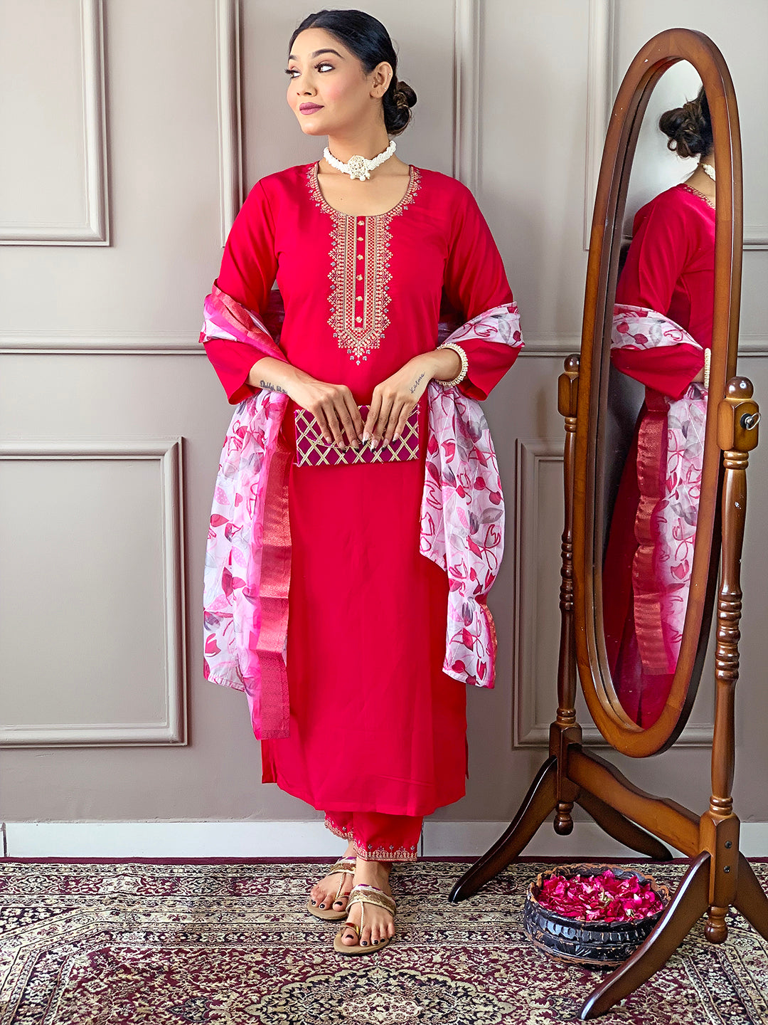 Women's Gajri Viscose Chanderi Embroidery Worked Kurta With Pant And Duppata Set - Dwija Fashion