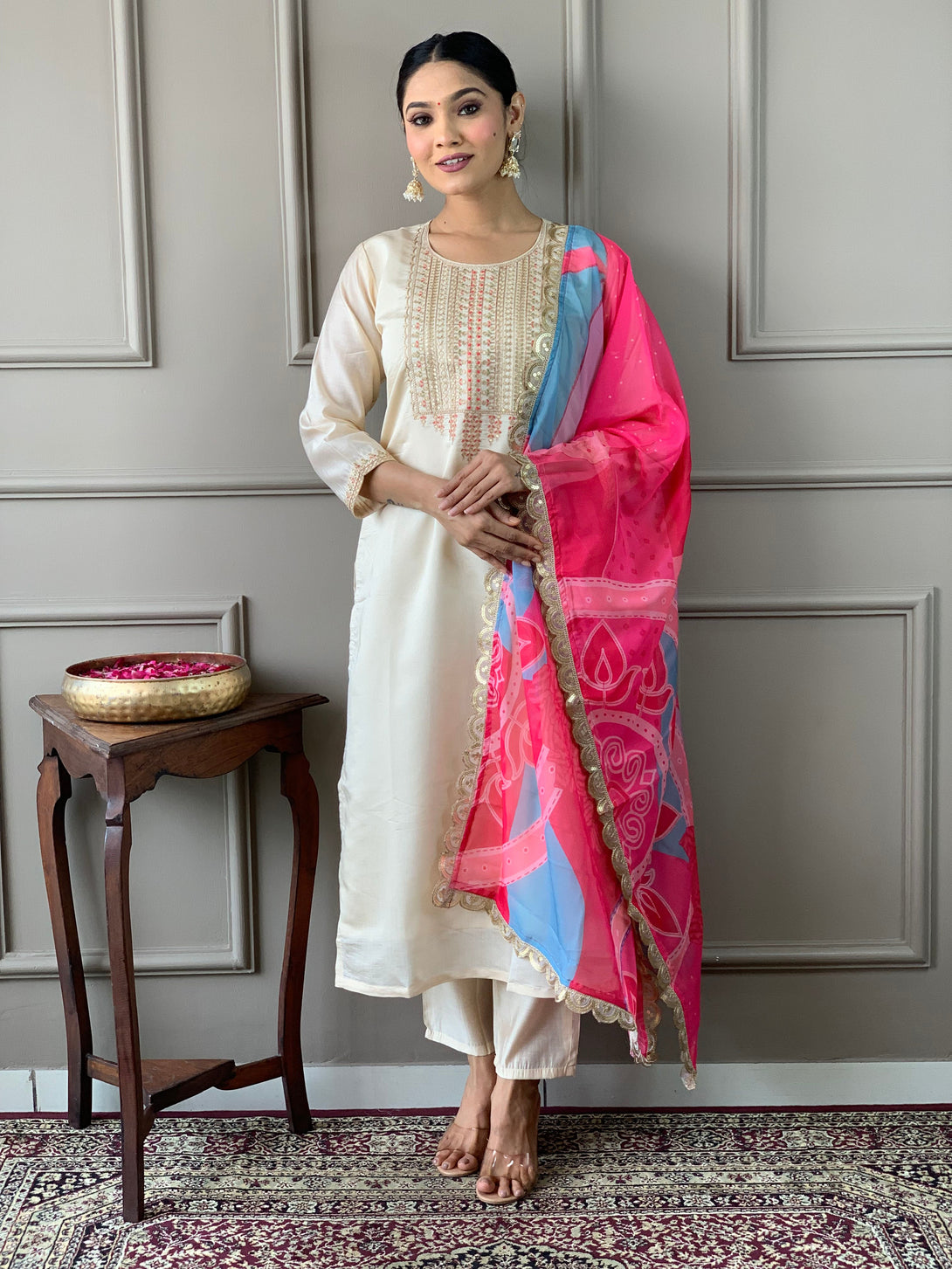 Women's Off White Viscose Chanderi Embroidery Worked Kurta With Pant And Duppata Set - Dwija Fashion