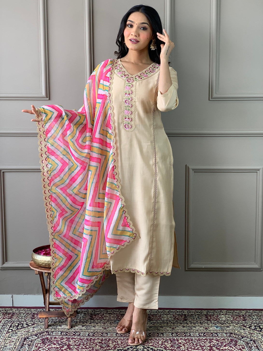 Women's Chiku Viscose Chanderi Embroidery Worked Kurta With Pant And Duppata Set - Dwija Fashion