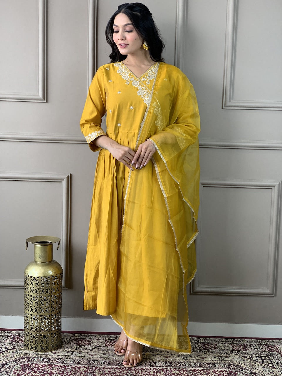 Women's Mustard Viscose Chanderi Embroidery Worked Kurta With Pant And Duppata Set - Dwija Fashion