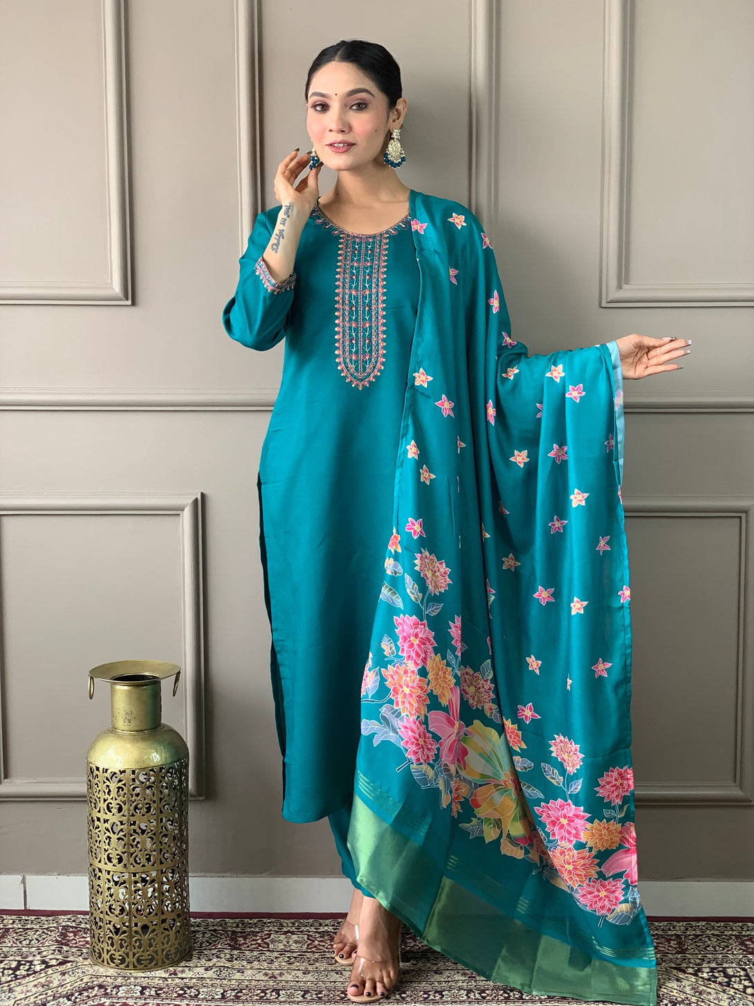 Women's Petrol Green Viscose Chanderi Embroidery Worked Kurta With Pant And Duppata Set - Dwija Fashion