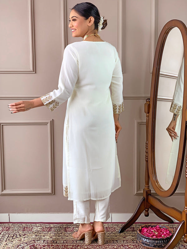 Women's Off White Georgette Embroidery Worked Kurta With Pant And Duppata Set - Dwija Fashion